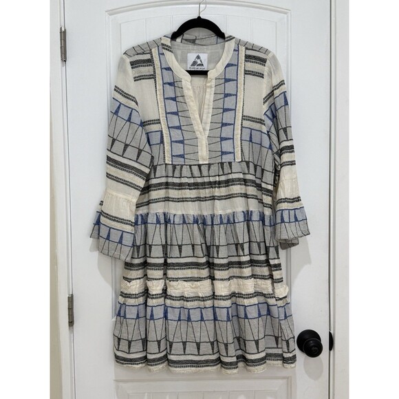 Pearl & Caviar Embroidered Knee Length Dress Blue Tiered Pleated  M/L Greece - Picture 1 of 11